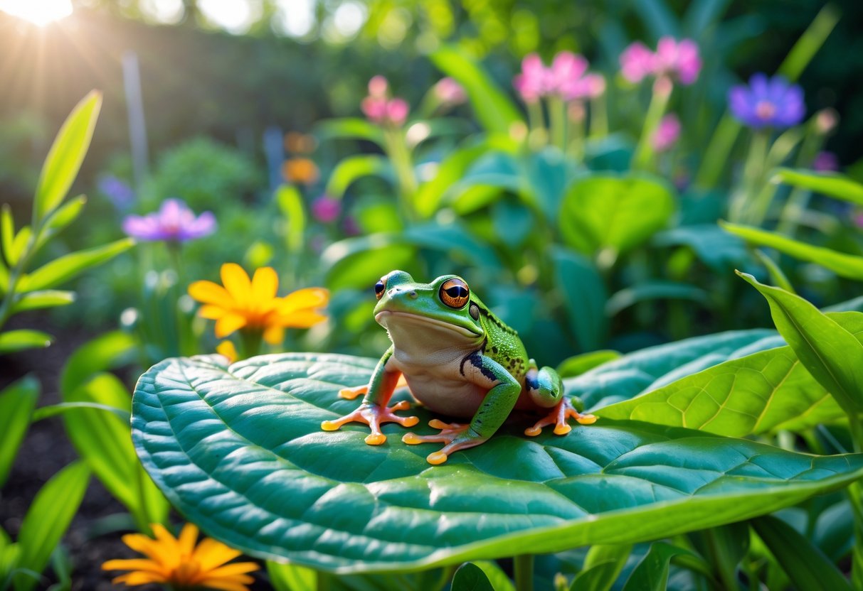A small green frog sitting on a leaf in a colorful garden with flowers and plants.