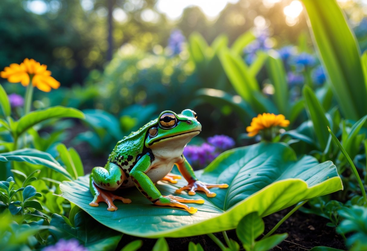 A green frog sitting on a leaf in a colorful garden with flowers and plants.