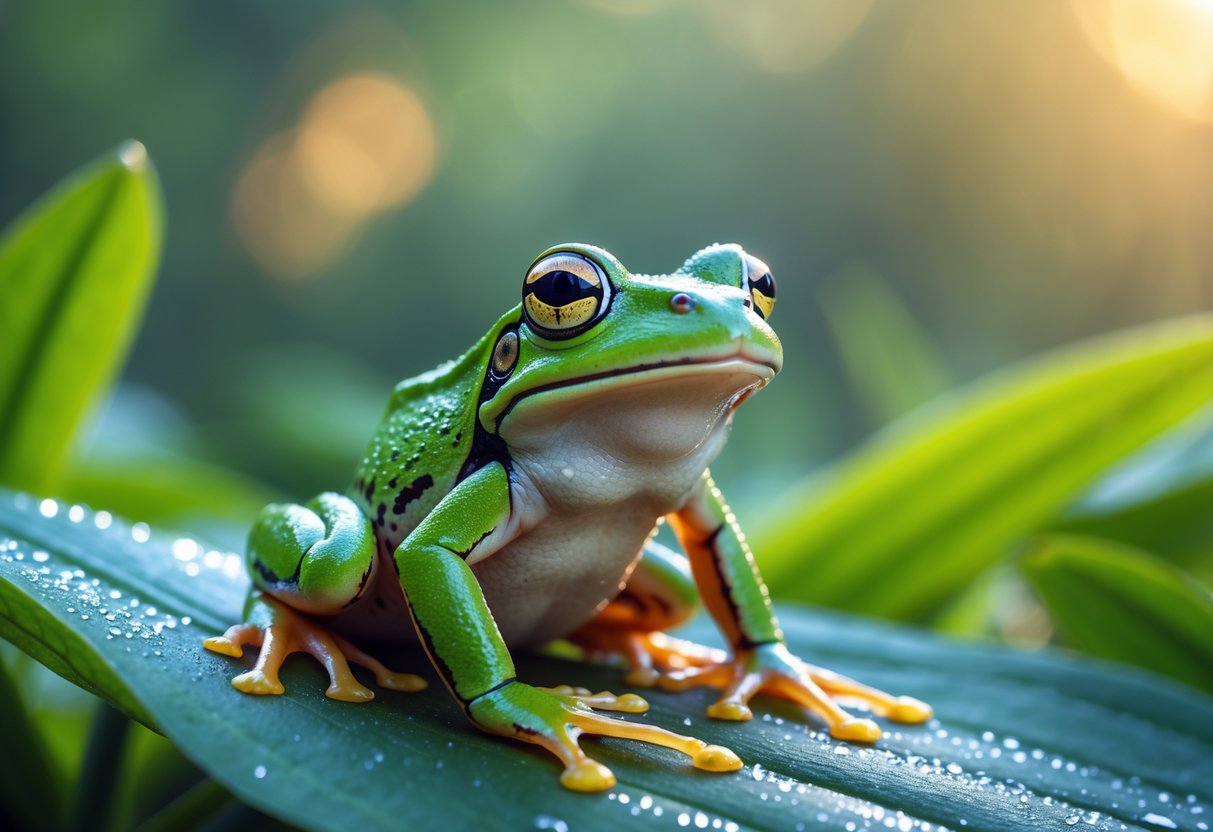 A green frog sitting on a dew-covered leaf in a sunlit natural environment.