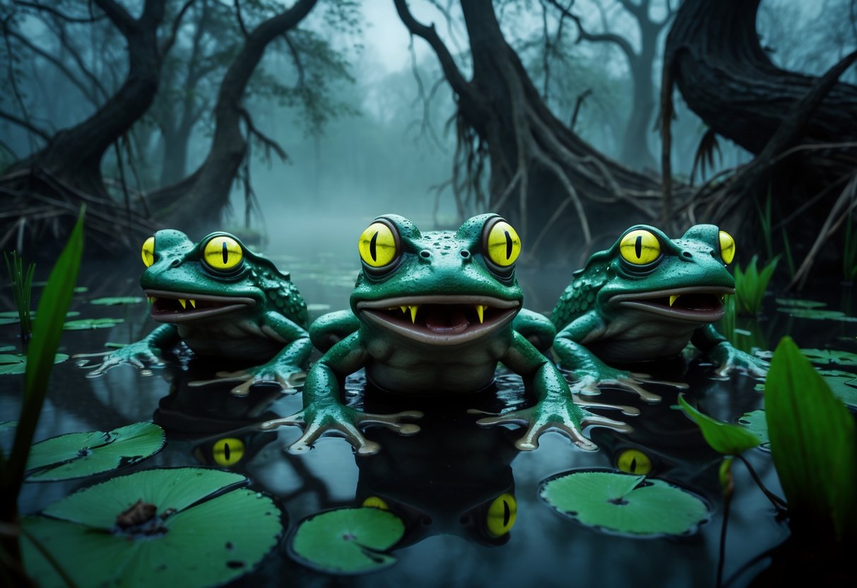 Three eerie frog-like creatures with glowing eyes emerging from a misty swamp surrounded by trees and fog.
