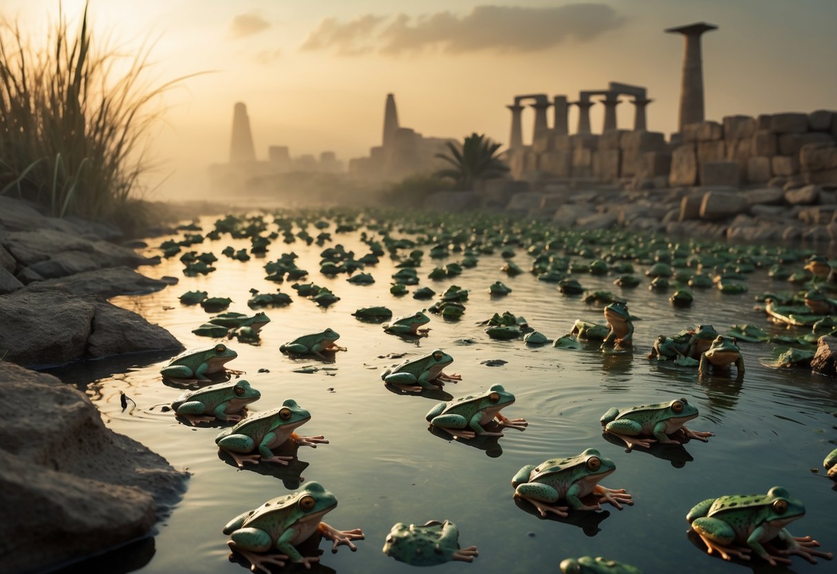 A riverbank covered with many frogs near ancient Egyptian buildings under a golden sky.