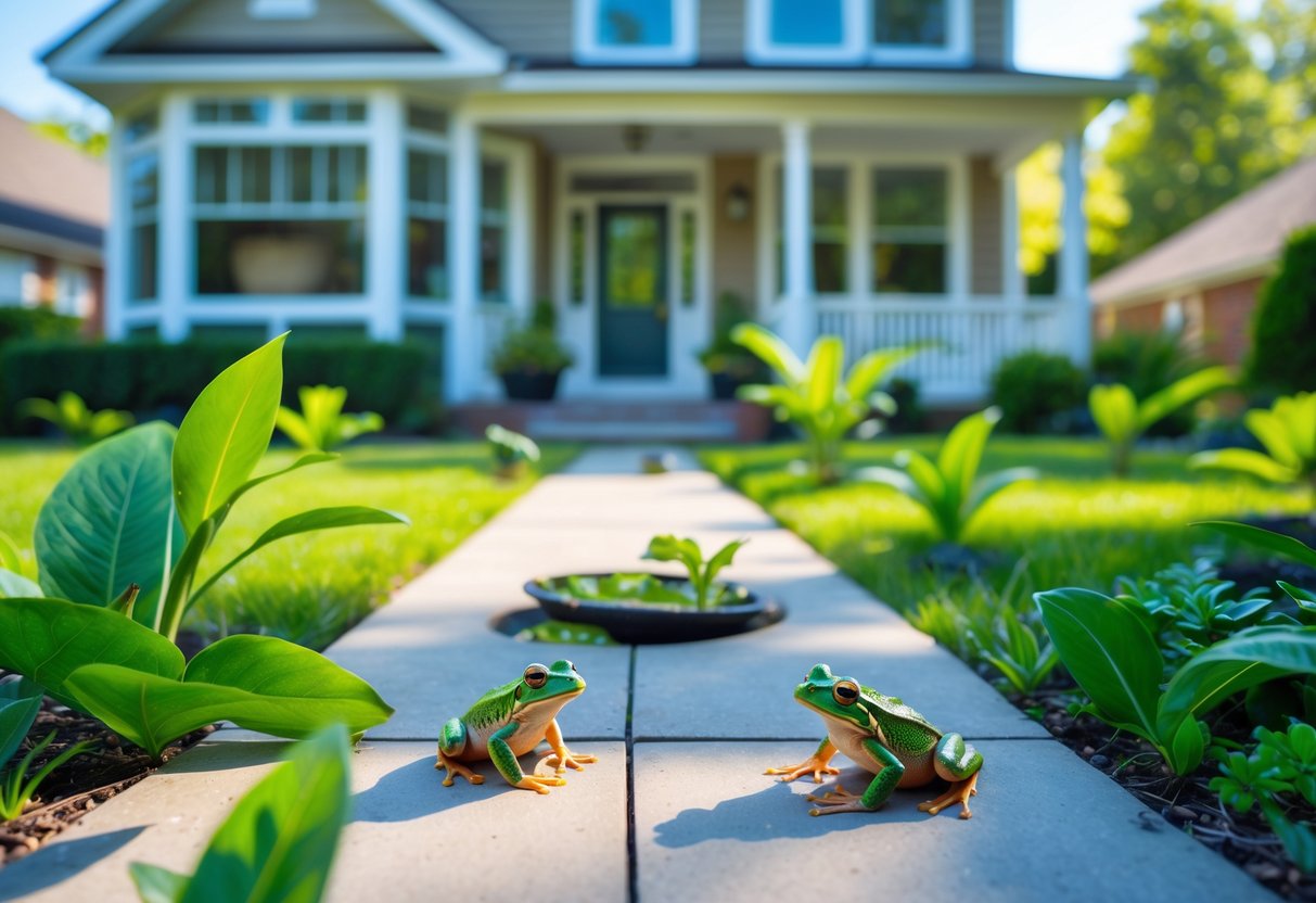 A suburban house with a garden where several green frogs are sitting on leaves, near a pond, and on the pathway.