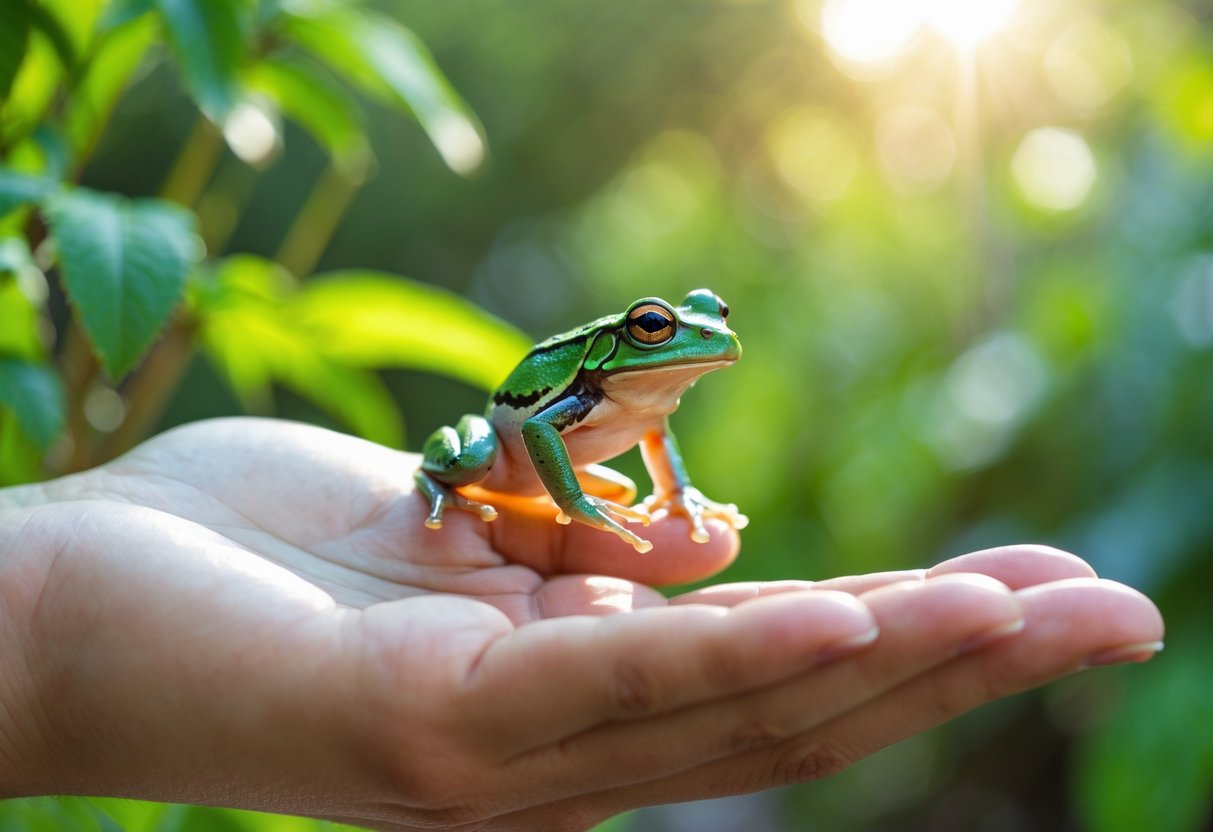 A small green frog jumping onto a person's outstretched hand in a sunlit garden.
