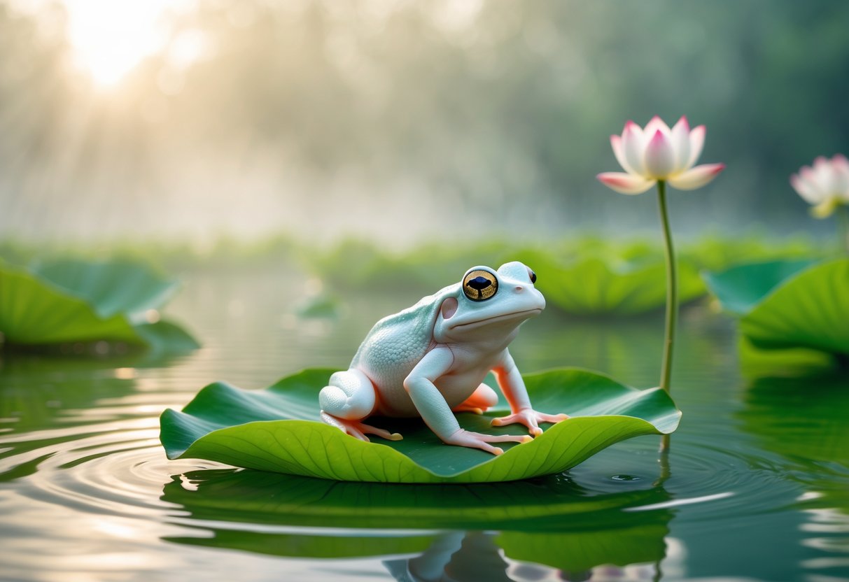 A white frog sitting on a green lotus leaf floating on calm water with lotus flowers and soft sunlight in the background.