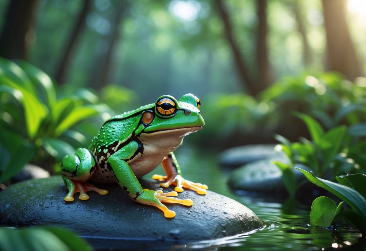 A green frog sitting on a wet rock surrounded by green plants in a forest.