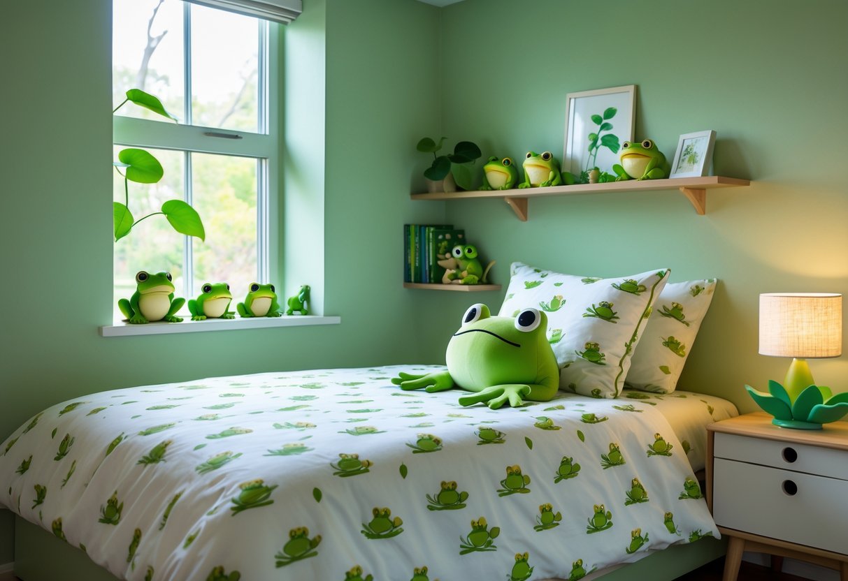A cozy bedroom decorated with frog-themed bedding, a frog-shaped pillow, plants by the window, and frog figurines on a bookshelf.