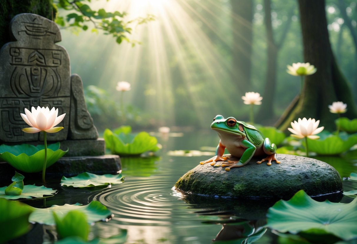 A green frog sits on a mossy rock by a calm pond surrounded by lotus flowers and forest trees with soft sunlight filtering through.