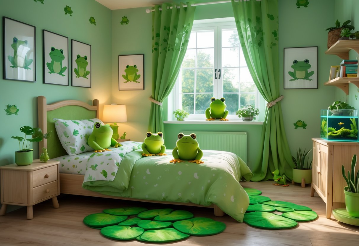 A cozy bedroom decorated with frog-themed elements including pillows, toys, green walls, and nature-inspired decorations.