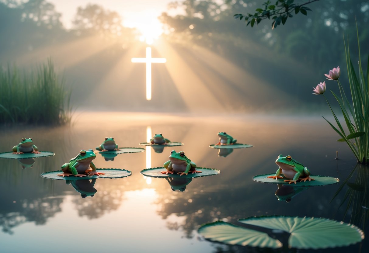 A calm pond at dawn with green frogs on lily pads and soft sunlight filtering through trees.