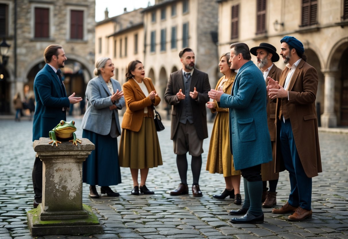 A historic European town square with people from different times talking near a small frog sitting on a stone pedestal.