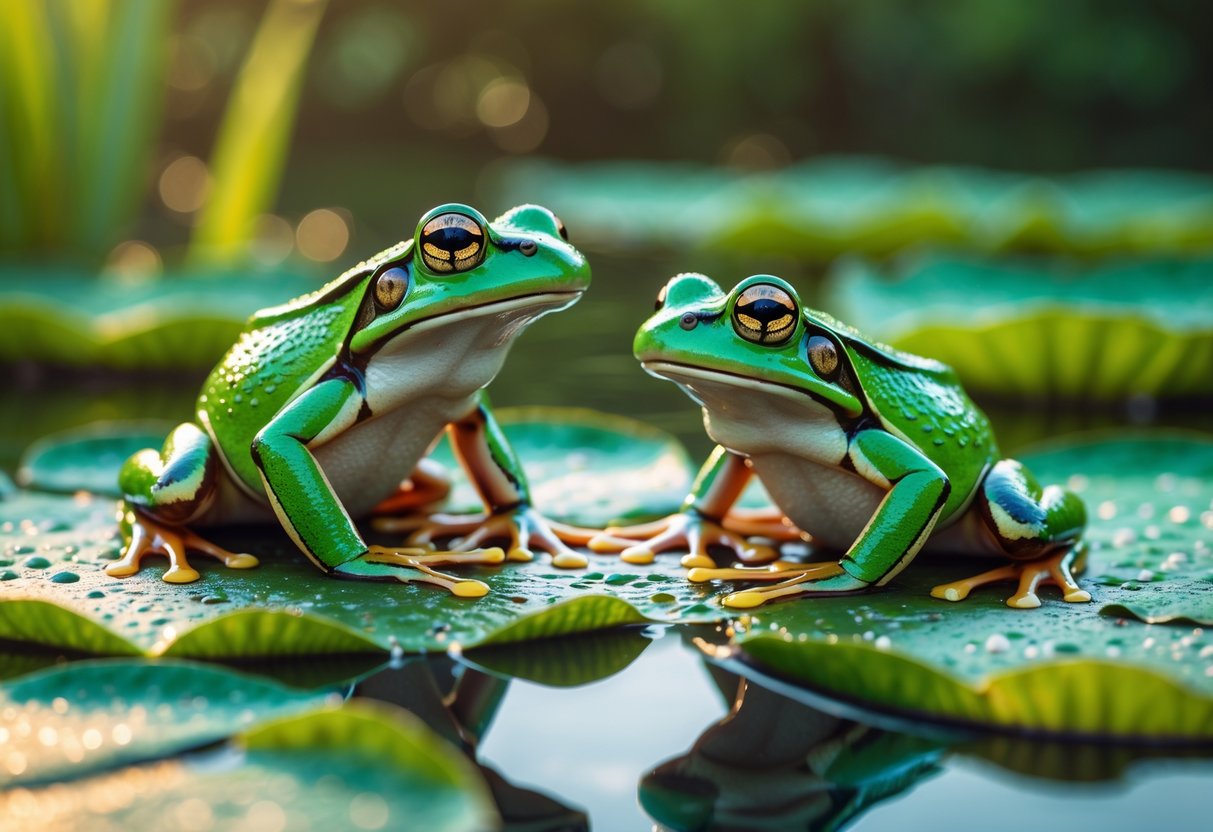 Two green frogs on a lily pad in a pond, one frog appears to be calling to the other during a calm moment.