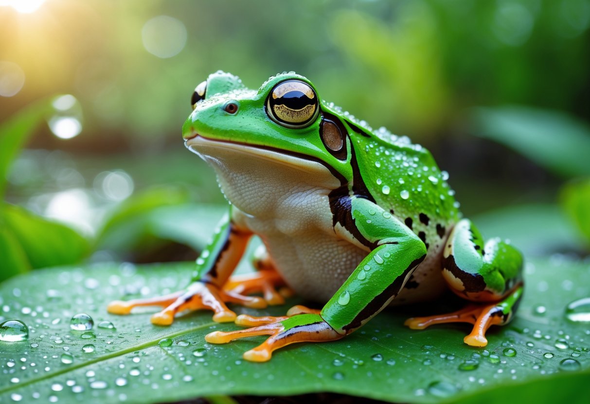 A green frog sitting on a leaf with dewdrops in a natural outdoor setting.