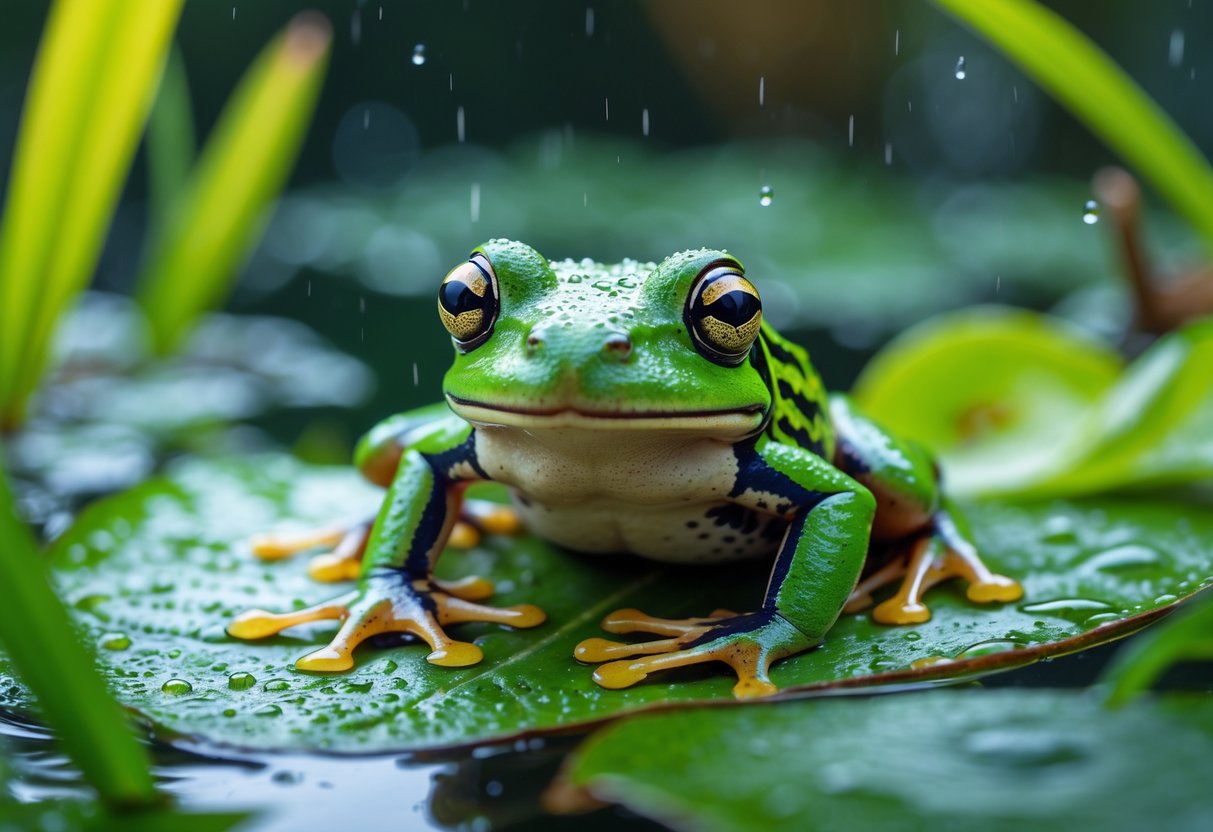 A green frog sitting on a wet leaf surrounded by aquatic plants near a pond.