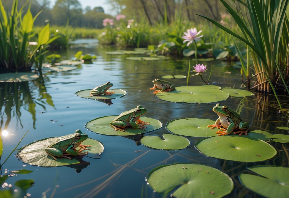 A natural wetland scene with several frogs of different colors and sizes on lily pads and near water surrounded by aquatic plants and sunlight.