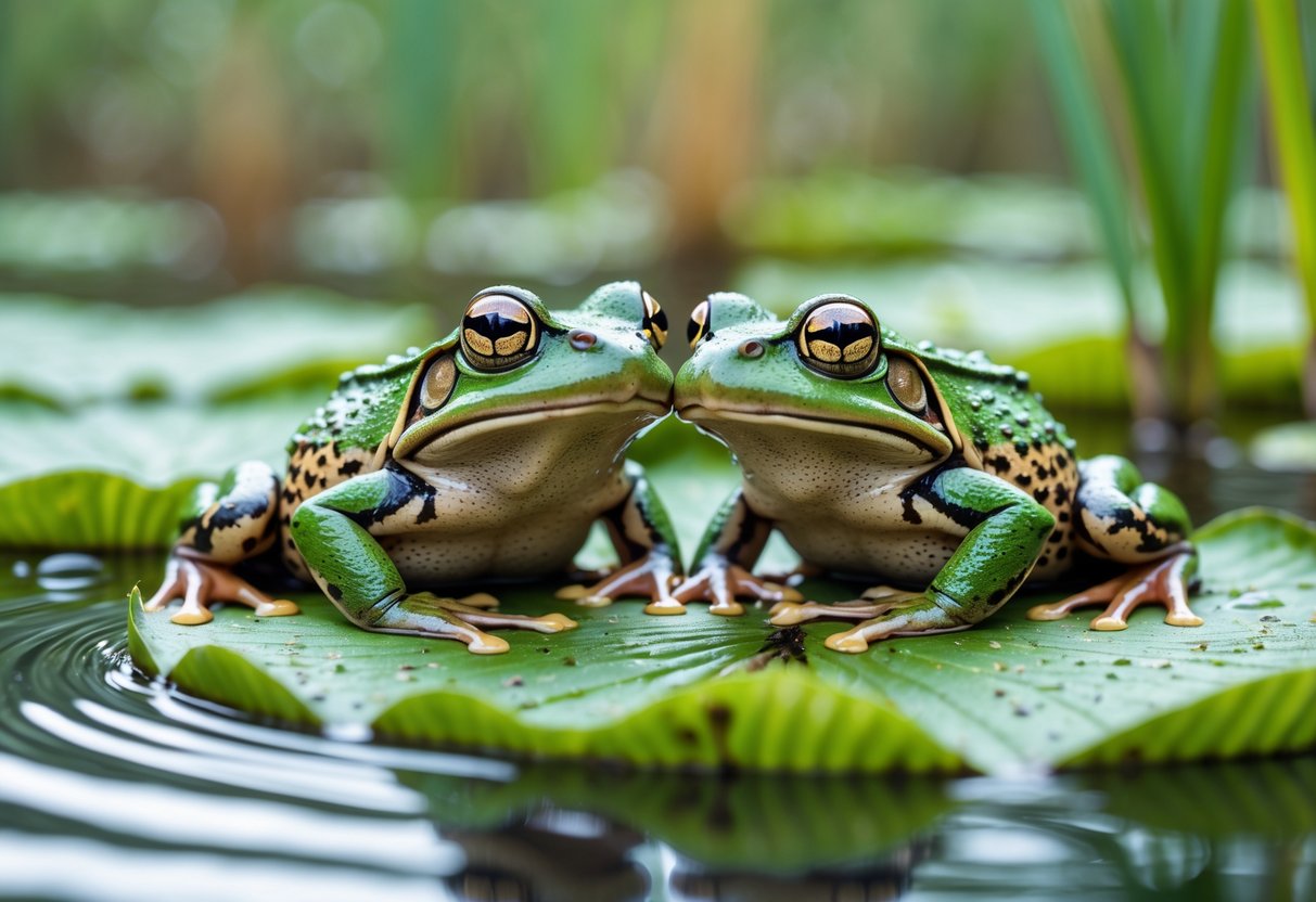 Two frogs stuck together on a lily pad in a pond surrounded by aquatic plants.