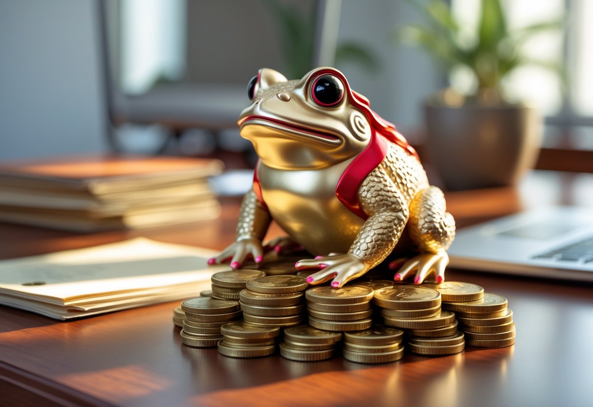 A gold Chinese money frog sitting on a wooden desk with coins, laptop, documents, and a small plant in a bright office.