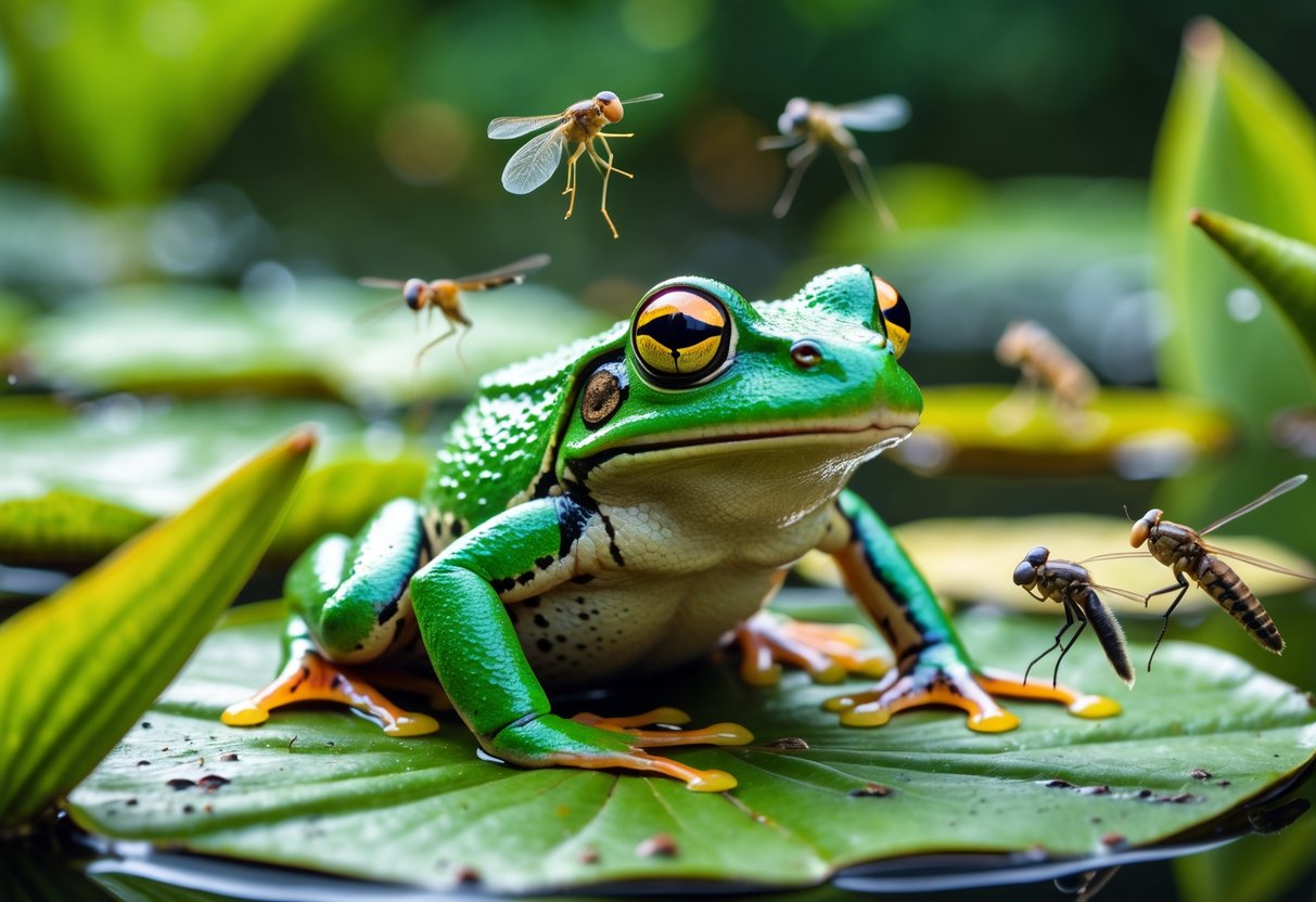 A green frog sitting on a lily pad in a pond with insects nearby.