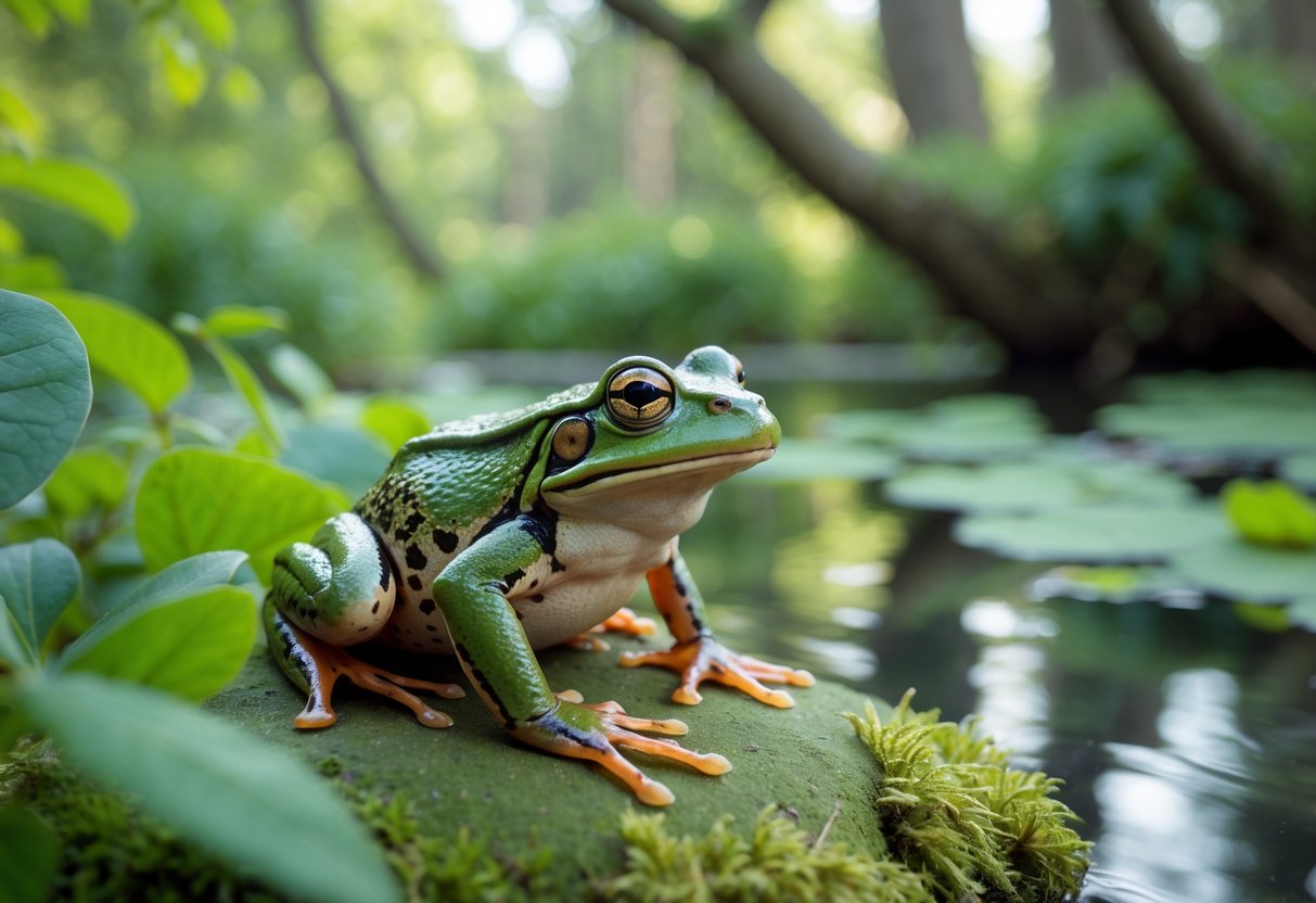 A common UK frog sitting on a mossy rock near a pond in a woodland area.