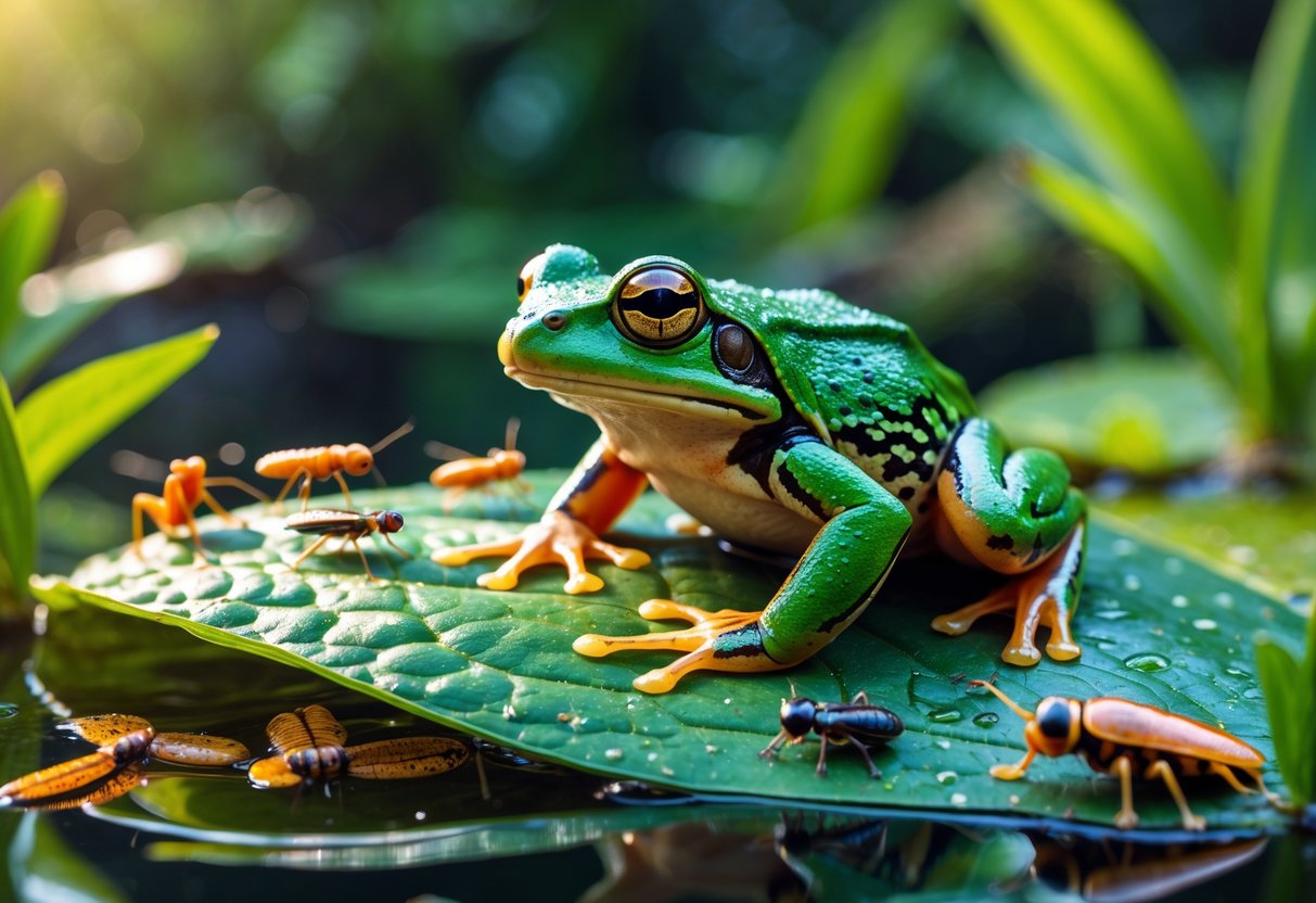 A green frog sitting on a leaf near a pond surrounded by various insects and small worms.
