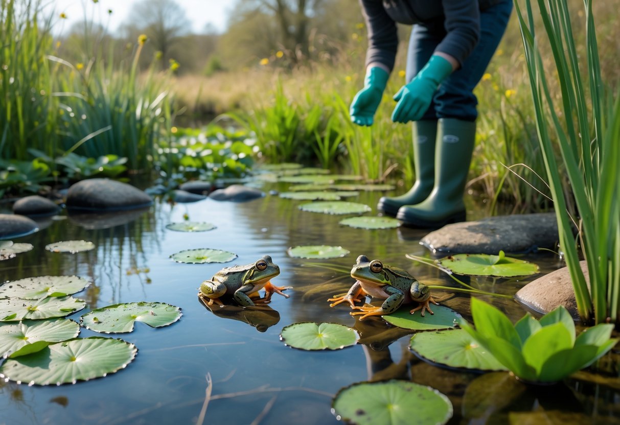 A pond in the UK countryside with frogs on lily pads and a person observing them safely from the edge.