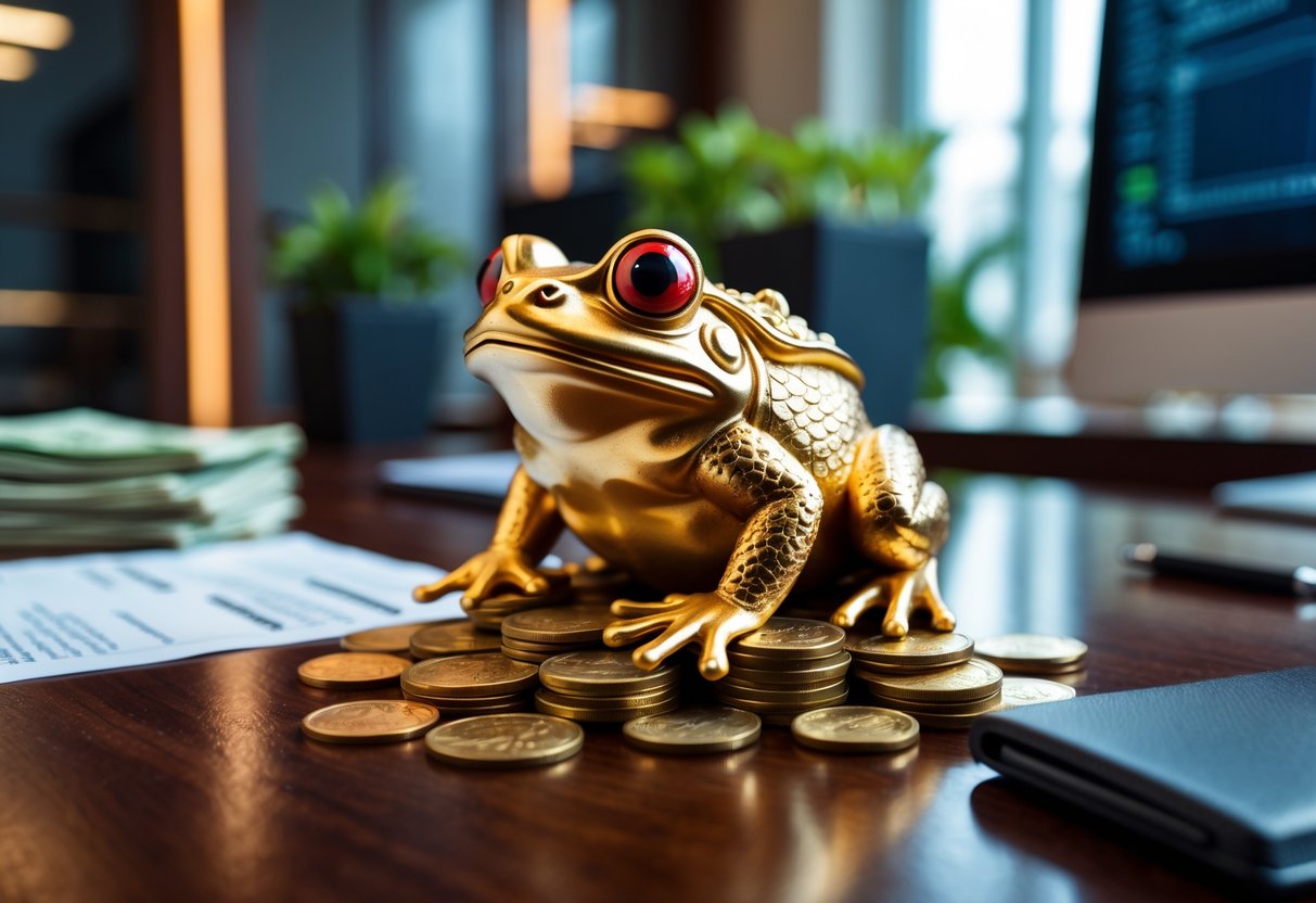 A golden Chinese money frog sitting on a wooden desk surrounded by coins and office items in a modern office.