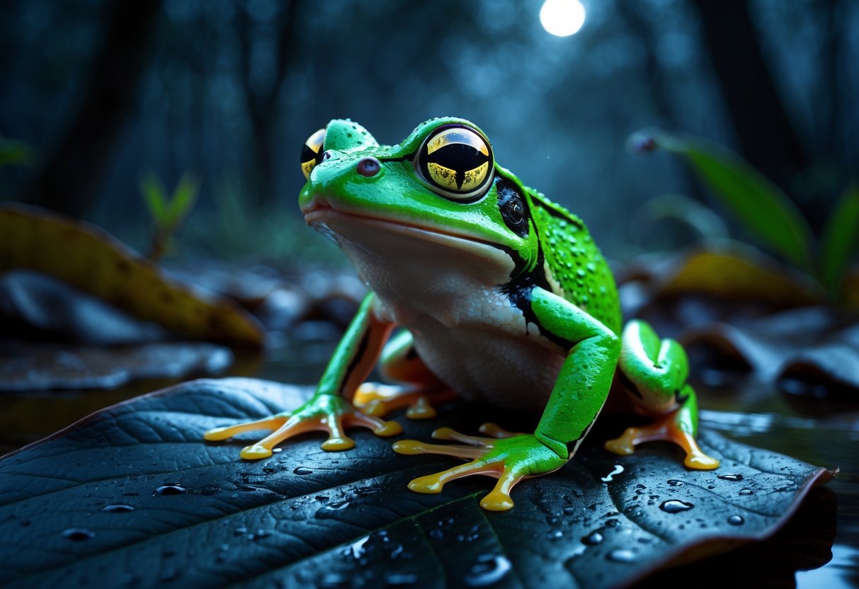 A green frog sitting on a wet leaf at night with large reflective eyes in a dark forest setting.