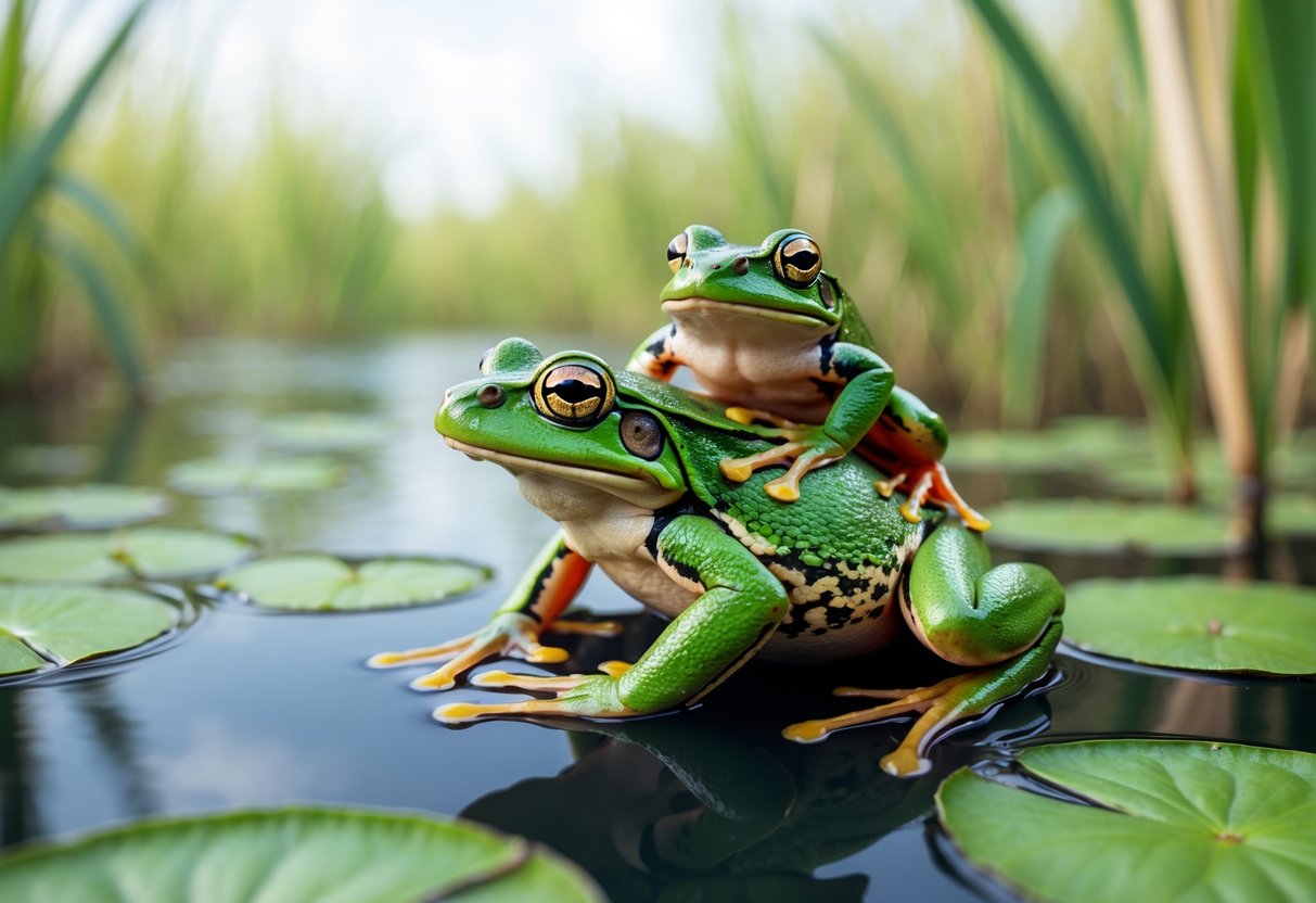Two green frogs in a wetland, one sitting on the back of the other among reeds and lily pads.