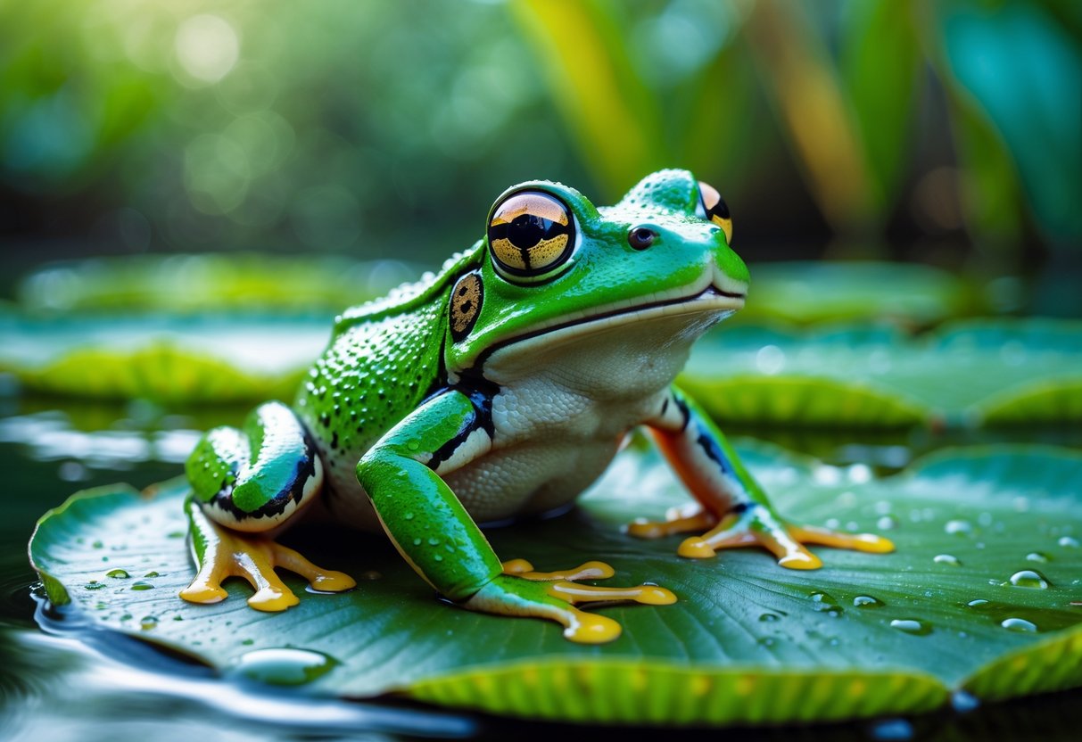 A green frog sitting on a lily pad in a calm pond with blurred plants in the background.