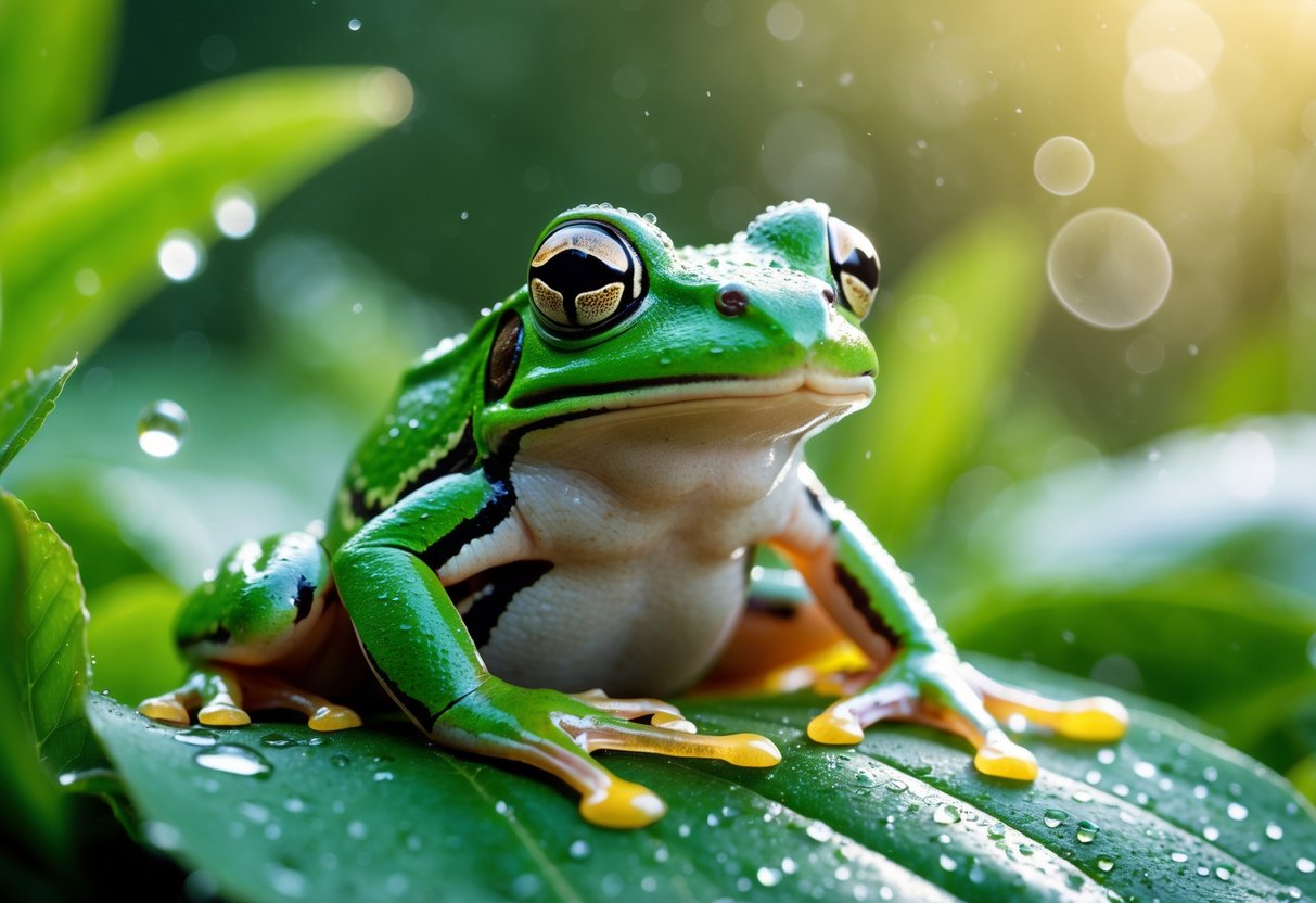 A green frog sitting on a dewy leaf surrounded by lush greenery.