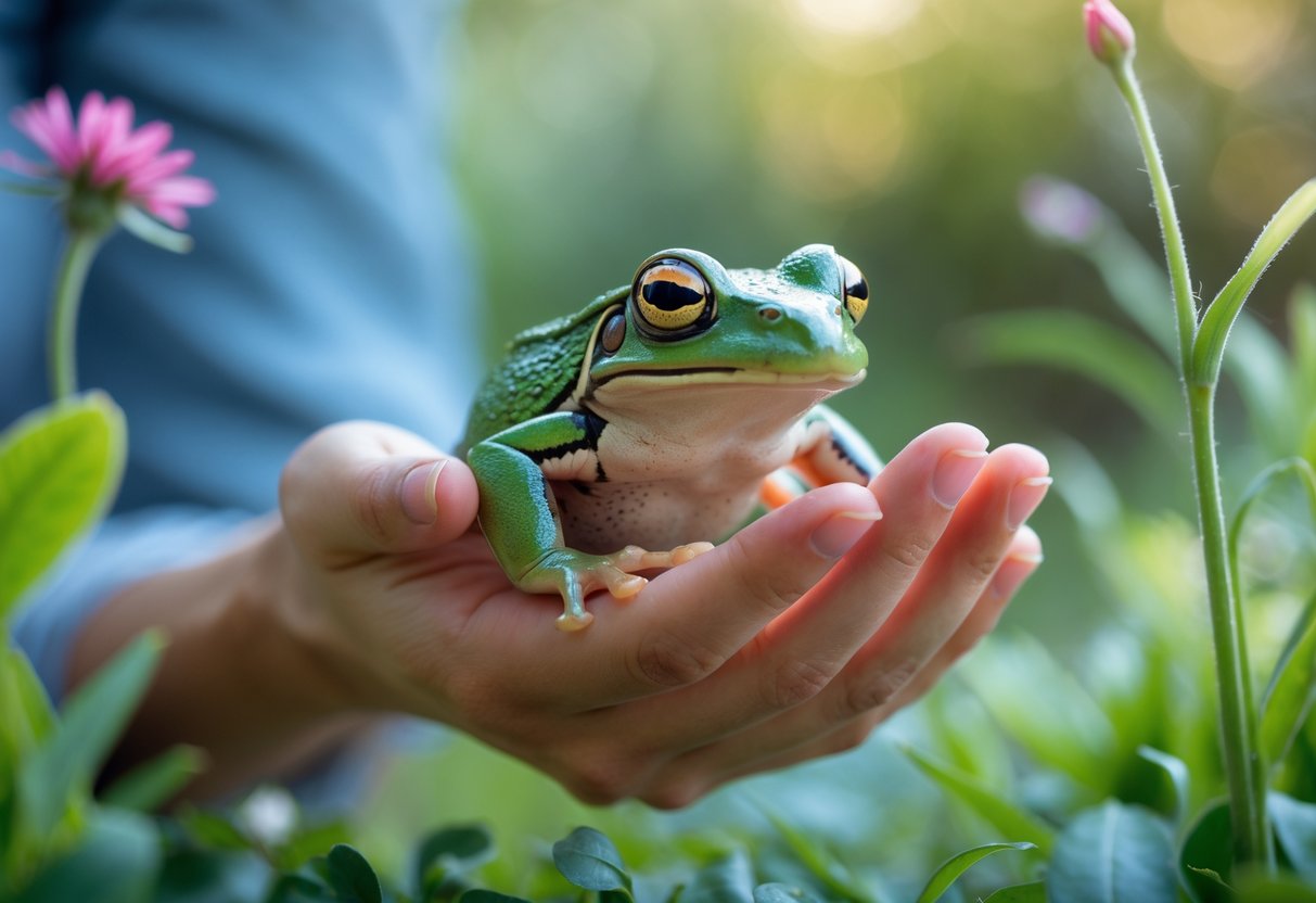 A person gently holding a small green frog near their face outdoors with greenery in the background.