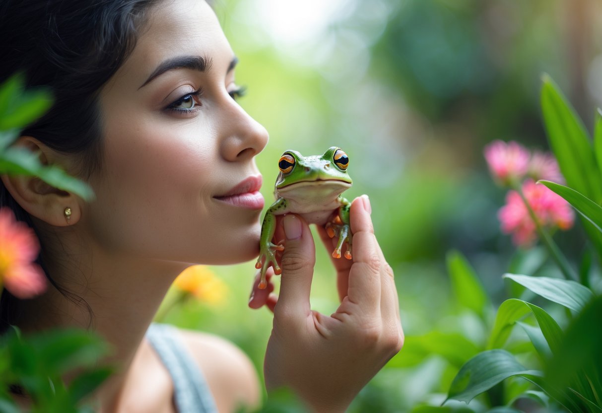 A young woman holding a small green frog close to her lips in a garden setting.