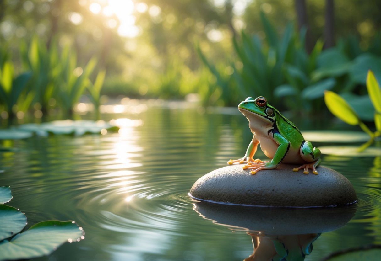 A green frog sitting on a rock by a calm pond surrounded by plants and trees.