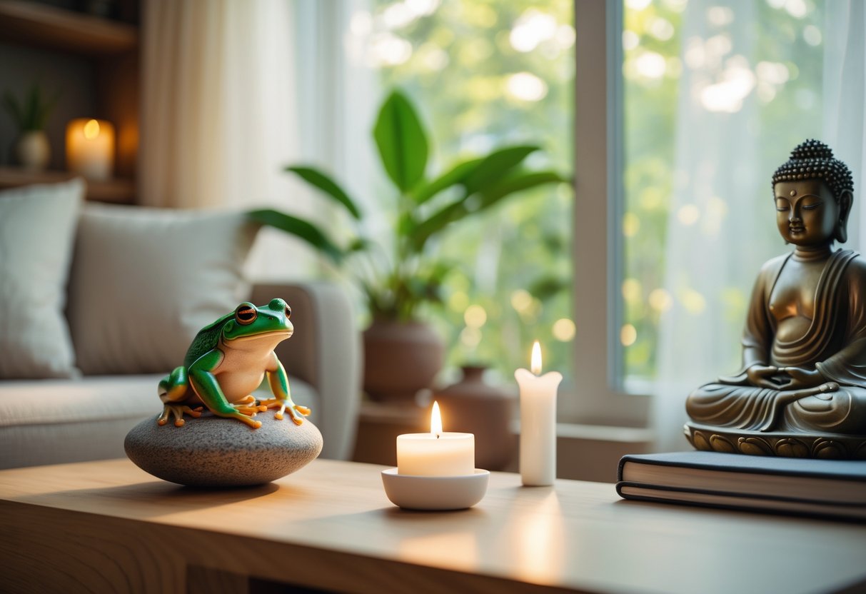 A green frog sitting on a plant in a bright living room with cozy furniture and spiritual decorations.