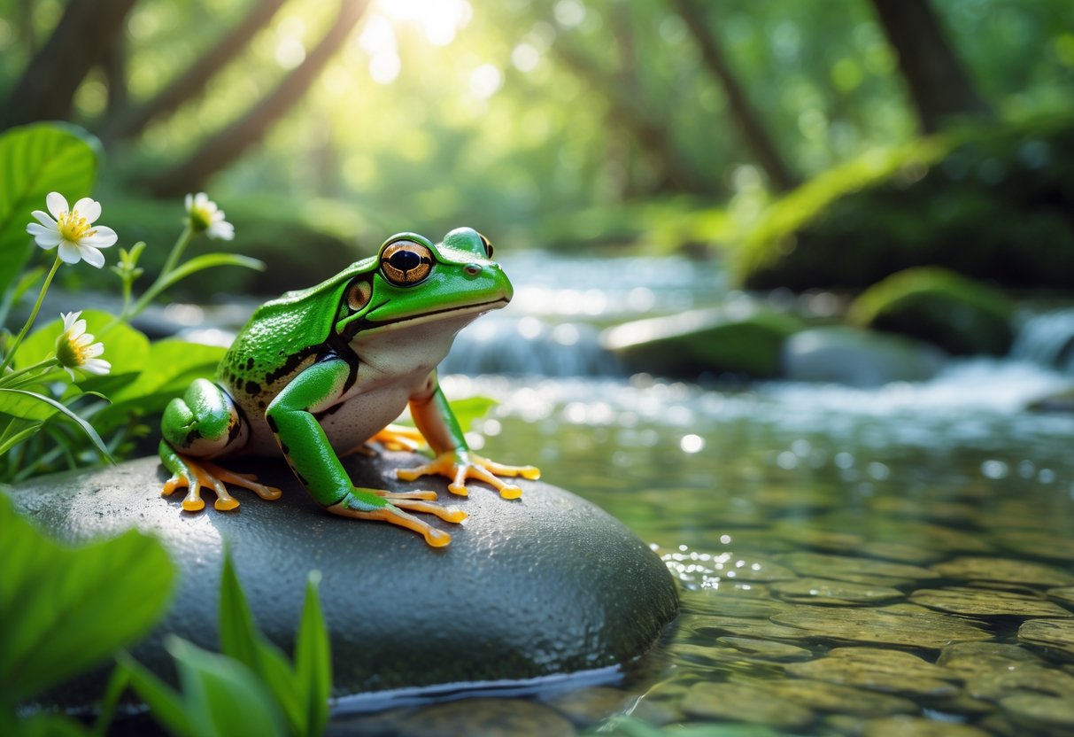 A green frog sitting on a mossy rock near a clear stream in a forest with sunlight filtering through the trees.