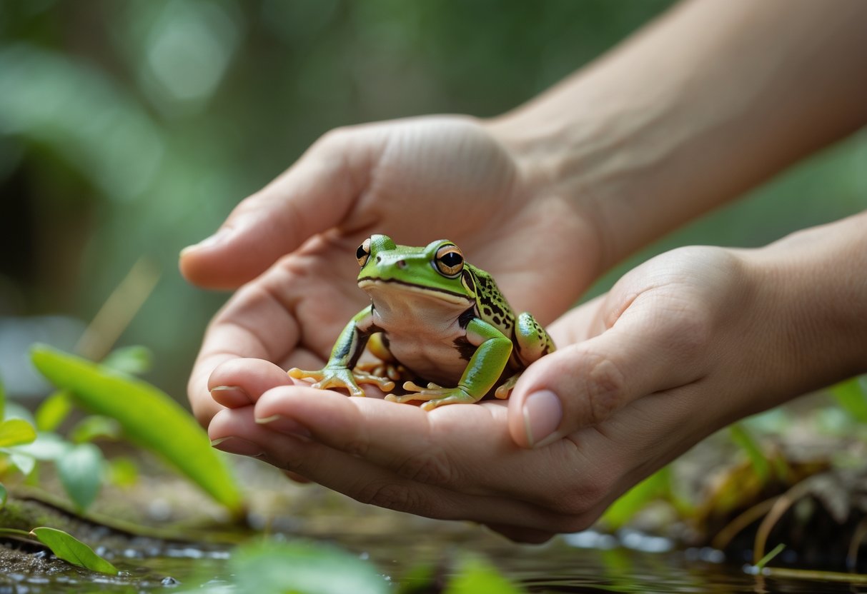 Hands gently holding a small green frog outdoors.