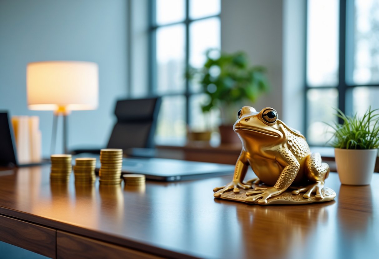 A golden frog figurine on a wooden desk surrounded by coins and a small plant in a bright modern office.