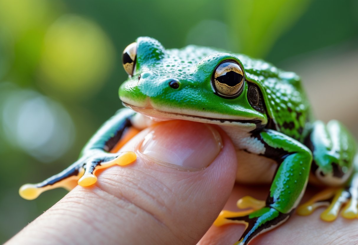 A green frog gently biting a person's finger outdoors with a blurred green background.