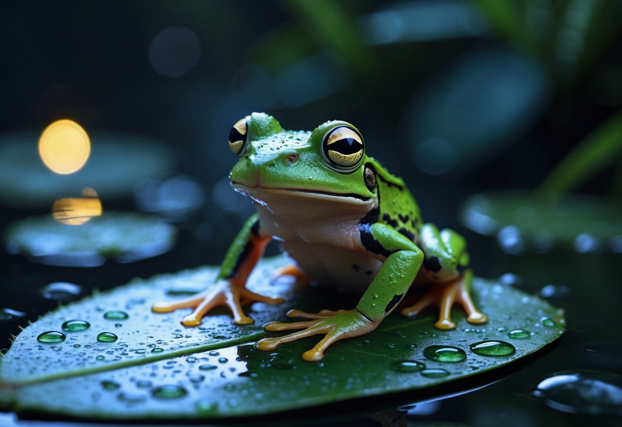 A small green frog sitting on a wet leaf at night with water droplets around it.