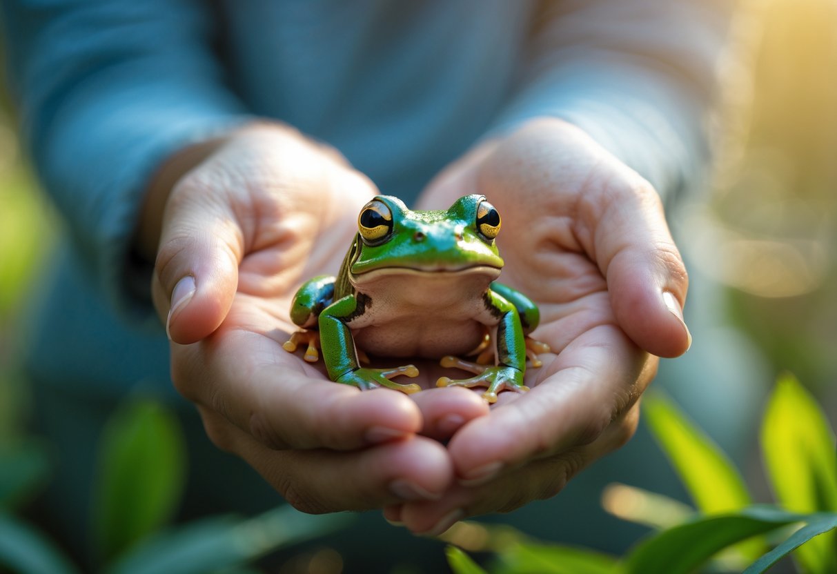 A person gently holding a small green frog outdoors with green foliage in the background.