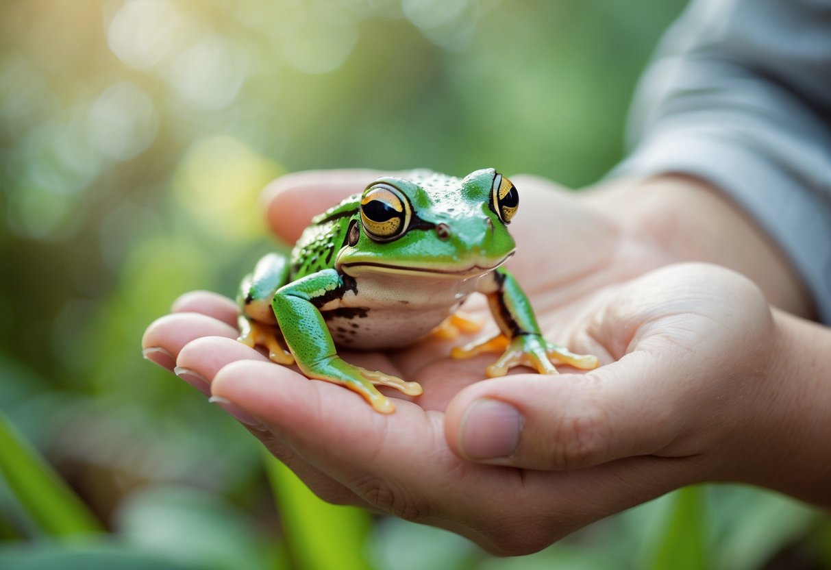 A close-up of a person's hand gently holding a small green frog outdoors among blurred greenery.