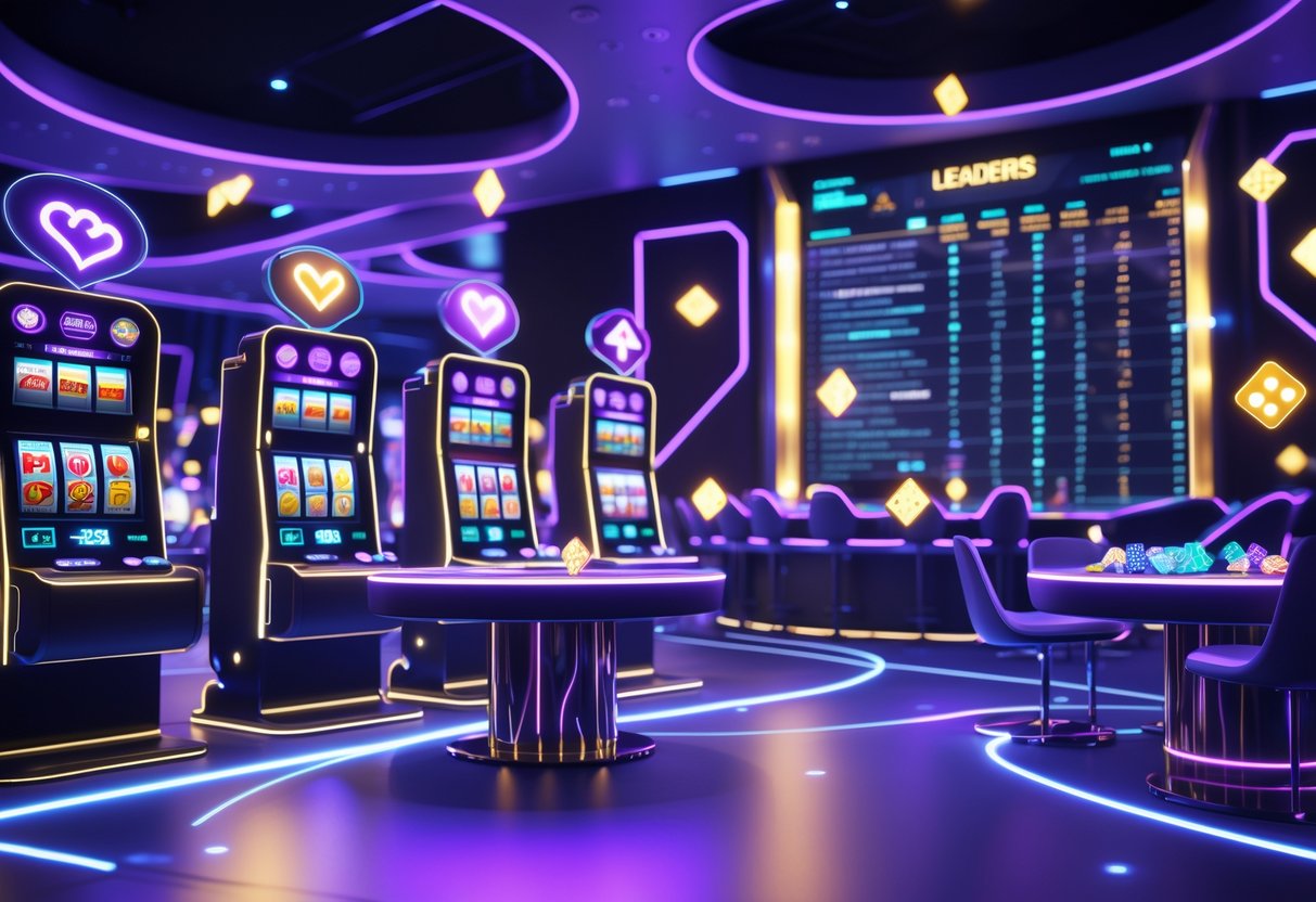 Suasana kasino online futuristik dengan mesin slot dan meja poker digital yang menyala, dikelilingi oleh simbol kartu dan chip, menunjukkan suasana permainan yang seru dan modern.