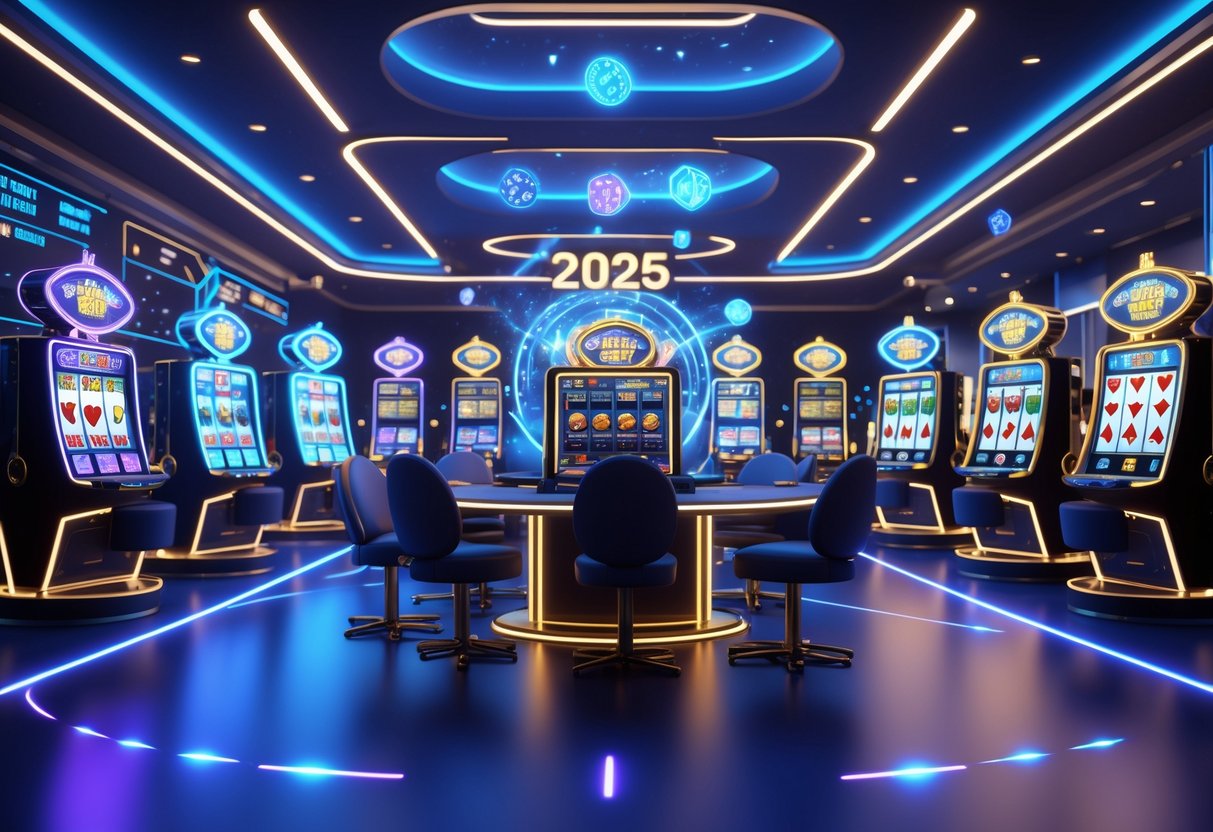 Tampilan 3D dari kasino online futuristik dengan mesin slot dan meja kartu yang modern, menampilkan suasana cerah dan dinamis dengan lampu neon biru dan emas.