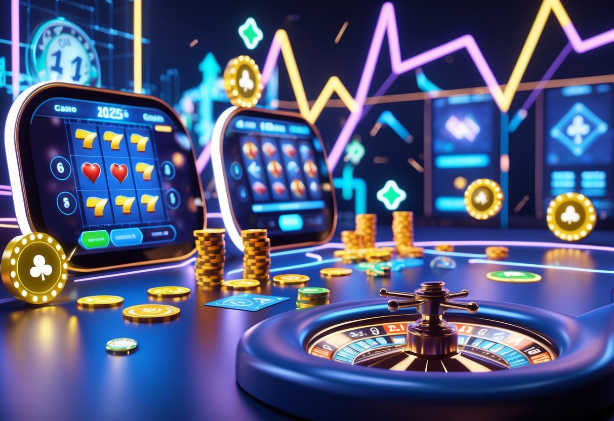 Suasana kasino online futuristik dengan berbagai permainan casino digital yang menampilkan chip, kartu, roda roulette, dan simbol keberuntungan di layar holografik.