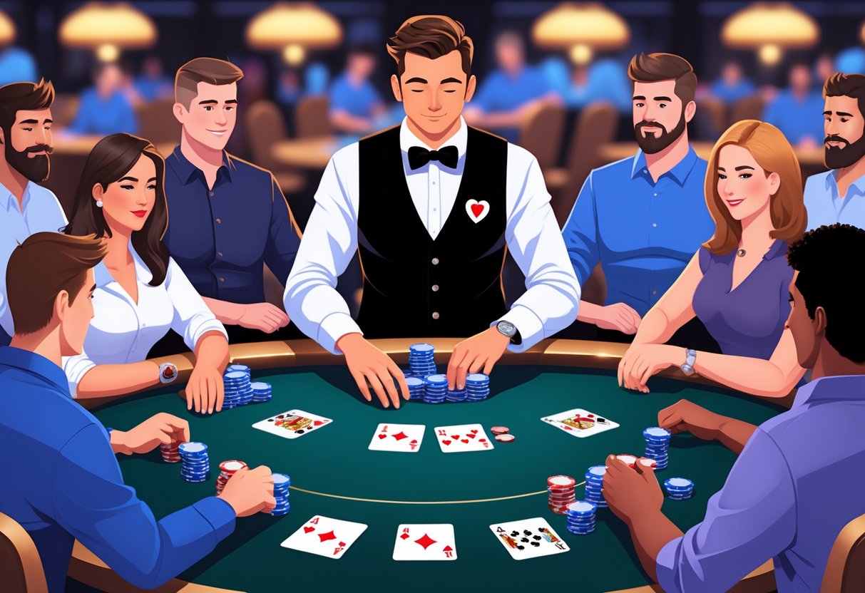 Seorang dealer poker membagikan kartu kepada beberapa pemain di meja poker dengan tumpukan chip di tengah meja.