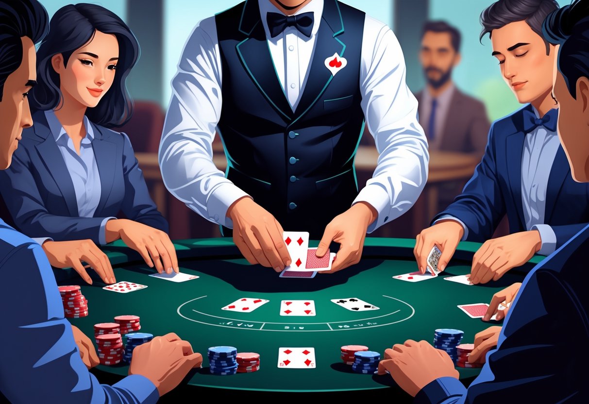 Seorang dealer poker sedang membagikan kartu kepada pemain di meja poker dengan tumpukan chip di tengah meja.