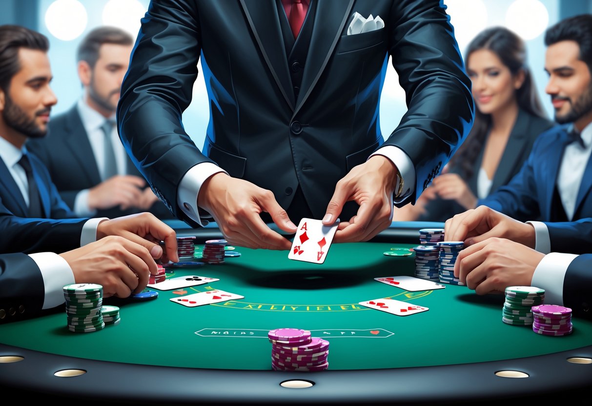 Seorang dealer poker sedang membagikan kartu kepada pemain di meja poker dengan tumpukan chip dan pot di tengah meja.