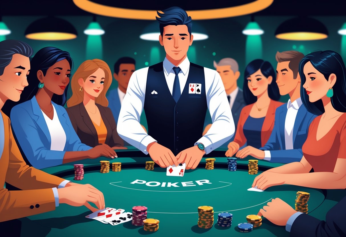 Seorang dealer poker profesional sedang membagikan kartu di meja poker dengan beberapa pemain yang fokus dan suasana permainan yang adil.