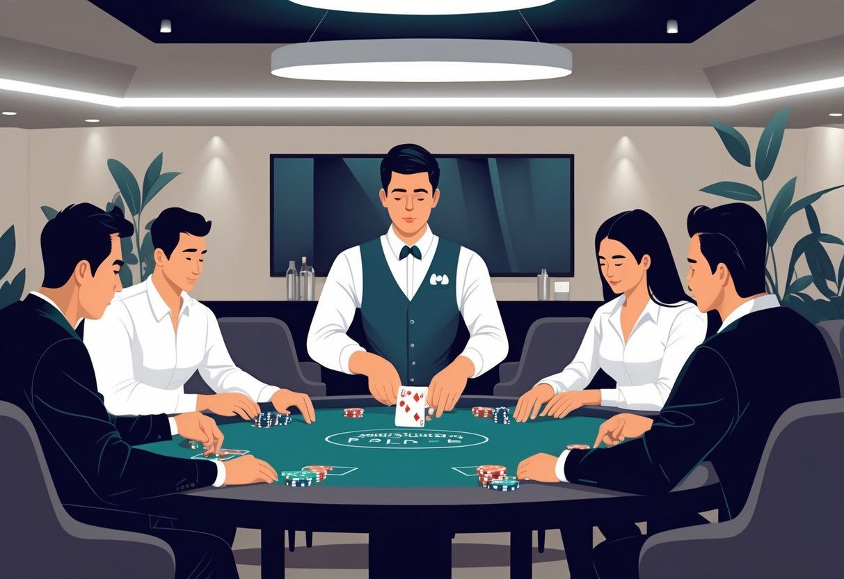 Seorang dealer poker sedang membagikan kartu dengan adil kepada pemain di meja poker, menciptakan suasana permainan yang adil dan profesional.