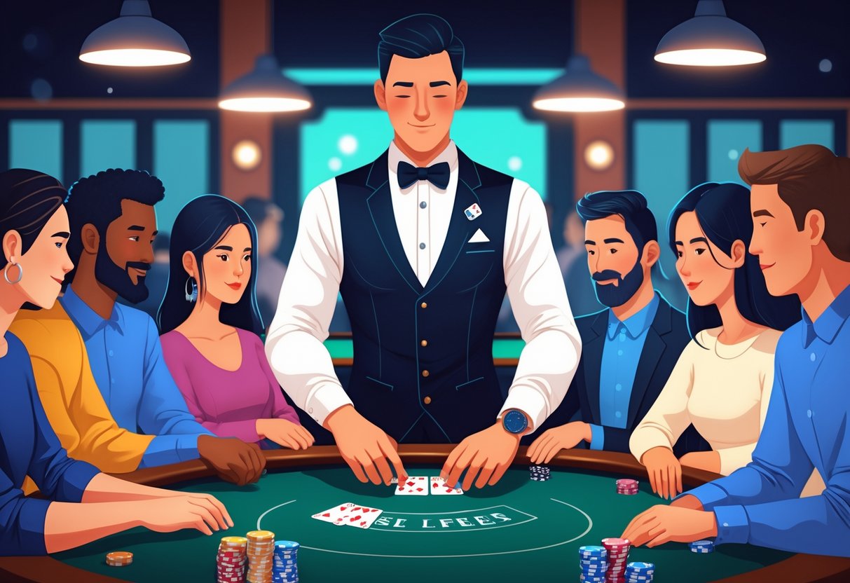 Seorang dealer poker profesional sedang membagikan kartu dengan pemain yang duduk mengelilingi meja poker di sebuah ruangan kasino.