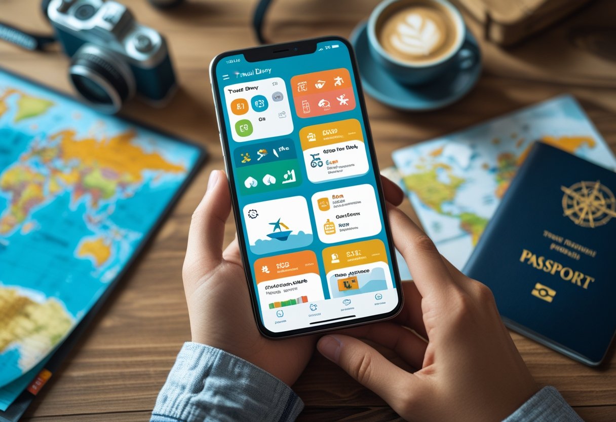 Smartphone mit einer Reise-App auf dem Bildschirm, gehalten von einer Person an einem Tisch mit einer Weltkarte, einem Reisepass, einer Kamera und einer Kaffeetasse.